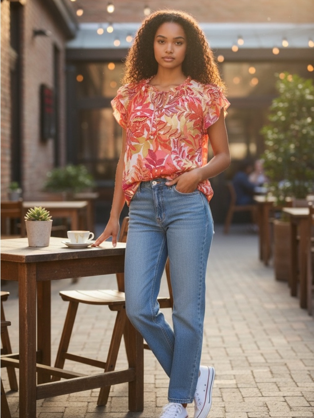 Rose & Olive Floral Ruffle Sleeve Blouse Boho Peasant Top Pink Orange